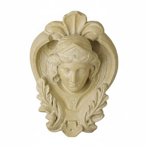 Cherub wall plaque with classical Baroque detailing, ornate wings, and laurel accents in old world European style.