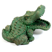 Alligator figurine with ornate, old world European detailing and textured Baroque-inspired scales, mouth open in dramatic pose. Side View