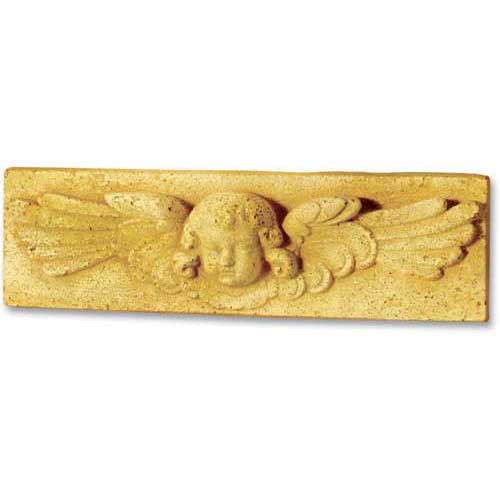 Cherub wall decor plaque featuring a classical angel face with outstretched wings, inspired by old world European architectural style.