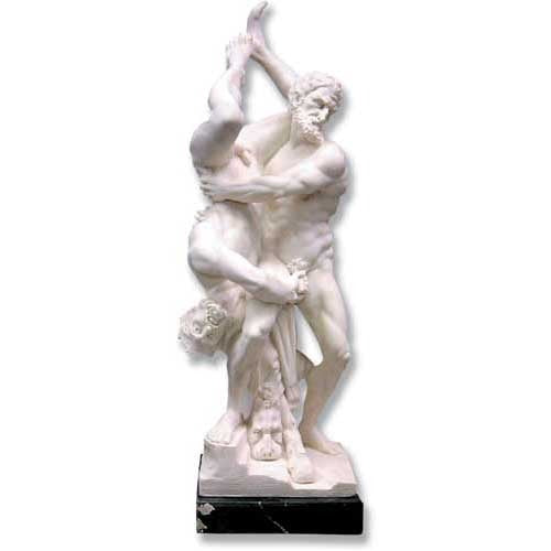 Baroque classical sculpture depicting two muscular male figures in dramatic motion, featuring ornate, old world European detailing.