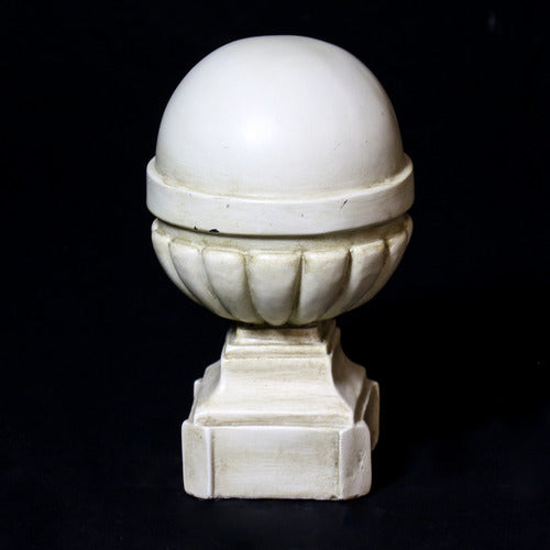 Ornate old world European finials with classical fluted bases and spherical tops in varying sizes, featuring architectural detailing. Different Angle