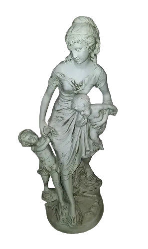 Classical European statue of a woman with two children, featuring ornate, old world detailing and Renaissance-inspired drapery. Side View