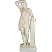Classical Greek-style statue of a draped figure leaning against a pillar with an ornate, old world European aesthetic.