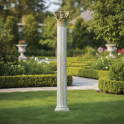 Corinthian column with ornate acanthus leaf capital, fluted shaft, and classical old world European architectural detailing. Side Angle