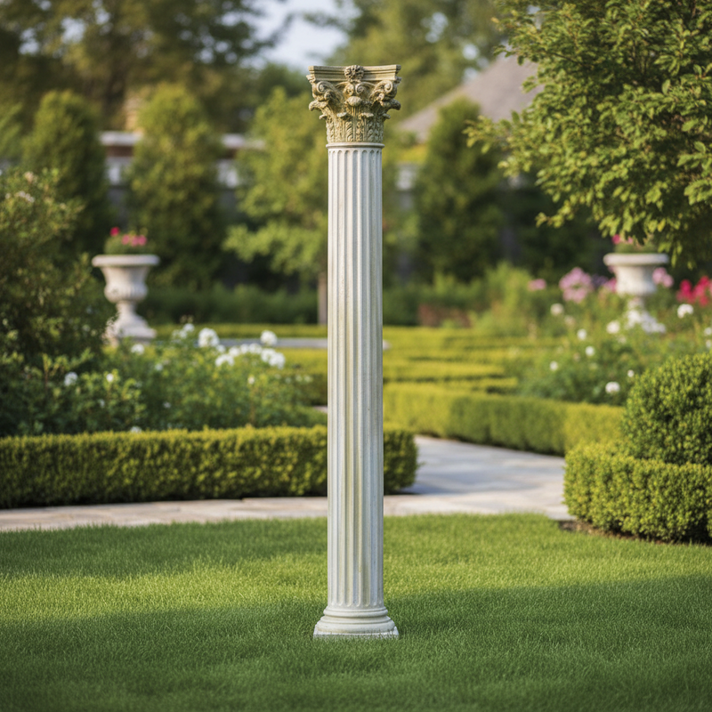 Corinthian column with ornate acanthus leaf capital, fluted shaft, and classical old world European architectural detailing. Side Angle