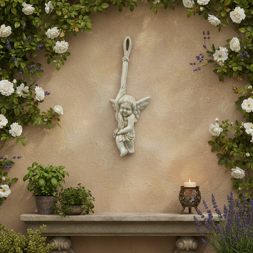 Cherub figurine with wings and floral accents, swinging from a looped rope in an ornate, old world European style. Side Angle