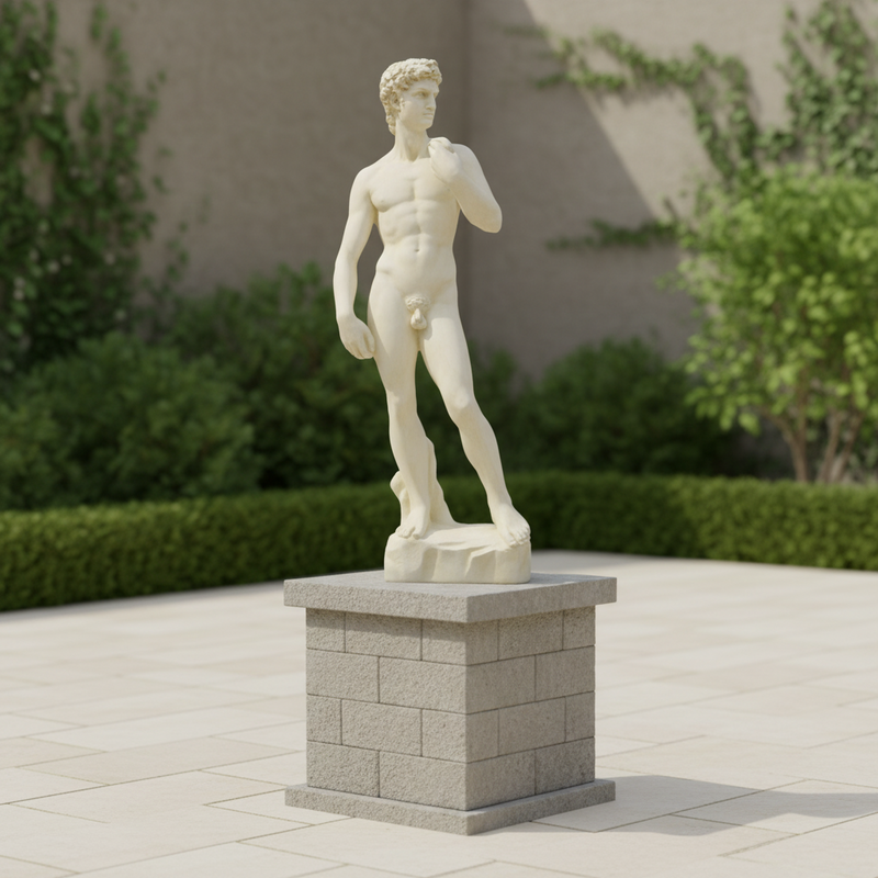 Classical Renaissance male statue in a contrapposto pose with detailed anatomical features and an ornate, old world European style. Side Angle
