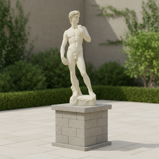 Classical Renaissance male statue in a contrapposto pose with detailed anatomical features and an ornate, old world European style. Side Angle