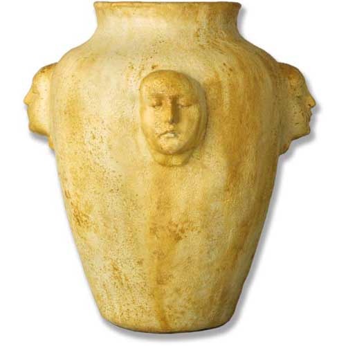 Ornate old world European vase with classical sculpted faces in relief, evoking Renaissance and Baroque artistic styles.