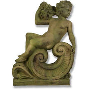 Cherub statue in classical Baroque style, seated on an ornate scroll with floral accents and intricate detailing.