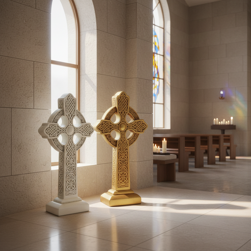 Celtic crosses with ornate, old world European patterns and intricate medieval knotwork in classical standing designs. Side Angle