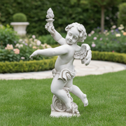 Baroque cherub statue with ornate wings, holding a torch, featuring classical old world European detailing and expressive pose. Different Angle