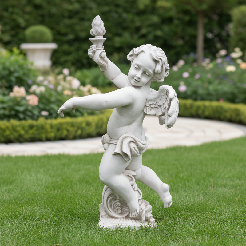 Baroque cherub statue with ornate wings, holding a torch, featuring classical old world European detailing and expressive pose. Different Angle