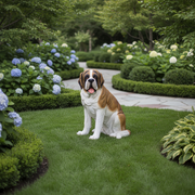 Saint Bernard dog figurine in a classical, old world European style with detailed, lifelike features and an expressive face. Side Angle