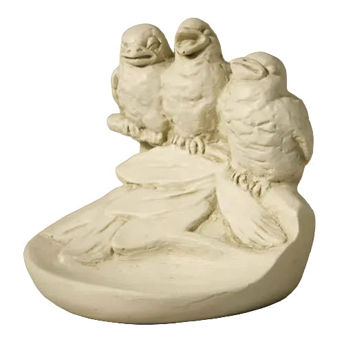 Three ornate birds perched on a leaf-shaped base, featuring classical old world European sculptural details.