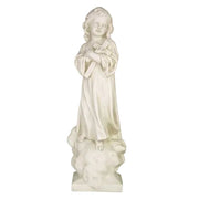 Child angel statue in classical old world European style, standing on clouds with folded arms and serene expression.