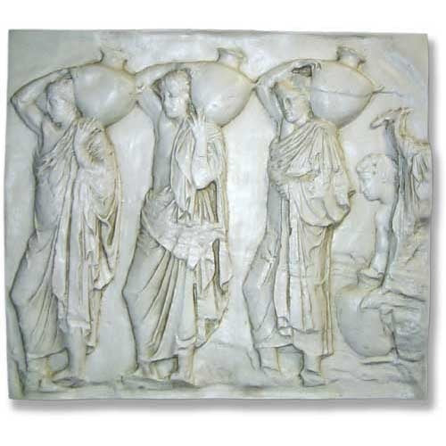 Classical Greek relief sculpture depicting robed figures carrying large vessels, with ornate, detailed drapery and ancient motifs.