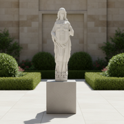 Classical European statue of a robed figure holding an ornate shield, featuring intricate medieval and Gothic detailing. Side Angle