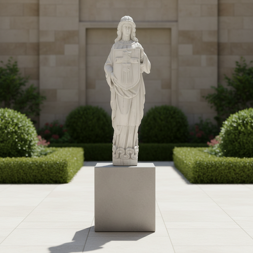 Classical European statue of a robed figure holding an ornate shield, featuring intricate medieval and Gothic detailing. Side Angle
