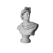 Classical Greek-style bust with ornate drapery and detailed hair, featuring a serene, idealized facial expression. Side View