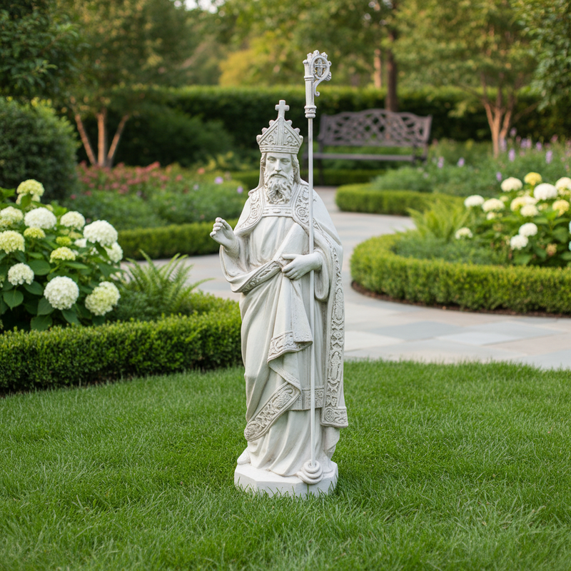 Baroque-style bishop statue with ornate robes, detailed staff, and intricate old world European religious motifs Different Angle