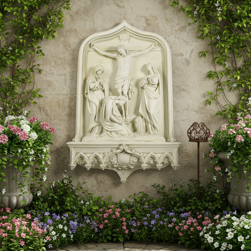 Crucifixion scene in ornate Gothic relief, featuring classical figures and intricate old world European architectural details. Side Angle