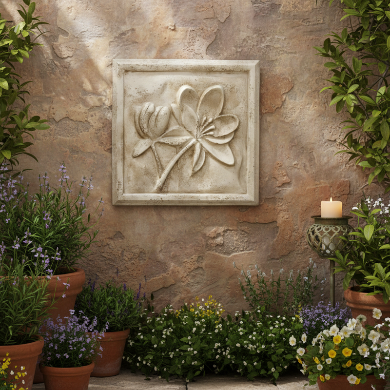 Floral relief wall plaque with ornate old world European style, featuring classical botanical motifs in a square frame. Side Angle