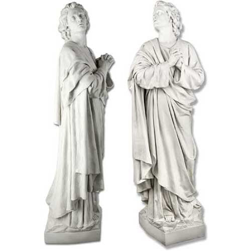 Kneeling woman statue with flowing hair and draped robes, featuring classical and Renaissance-inspired ornate detailing. Side Angle