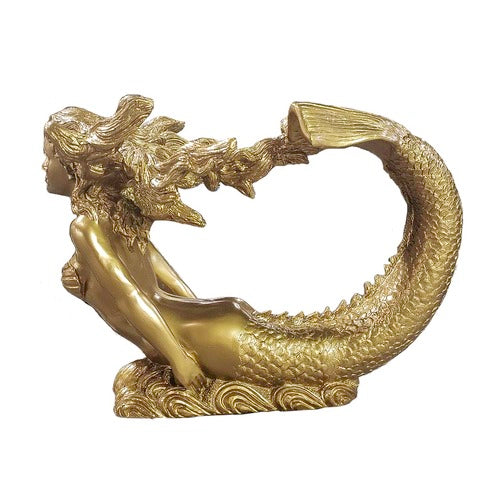 Mermaid sculpture with flowing hair and ornate tail, featuring classical and old world European design elements. Other Angle