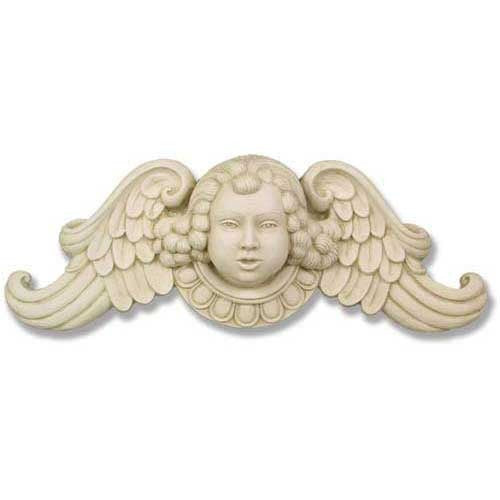 Cherub face with curled hair and ornate wings in classical Baroque style, featuring intricate old world European detailing. Side View
