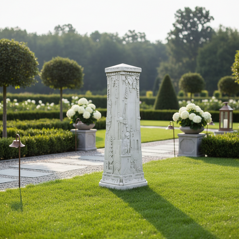 Ornate classical pedestal with old world European and Egyptian-inspired reliefs, featuring intricate geometric and animal motifs. Side Angle