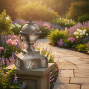 Ornate old world European finial with classical pedestal base and rounded Baroque detailing, featuring weathered architectural accents. Side Angle