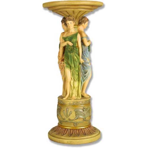 Pedestal stand with three classical Greek-style female figures in draped robes, ornate base with old world European detailing.