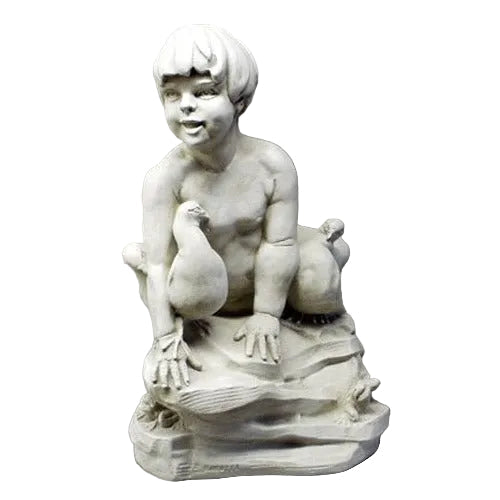 Cherubic Renaissance-style child statue with playful expression, seated on ornate base with classical detailing and sculpted bird.
