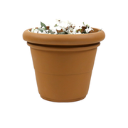 Classic old world European planter with rounded rim and subtle banded detailing, featuring white flowers for a timeless look.