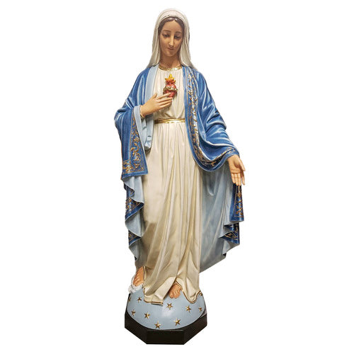 Sacred Heart of Mary statue in classical old world European style, ornate blue and white robes, serene expression, Renaissance detailing Side View