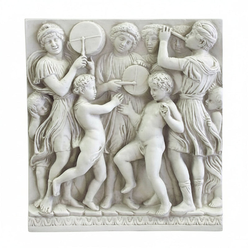 Classical Renaissance relief sculpture depicting dancing children and women with tambourines in ornate, old world European style.