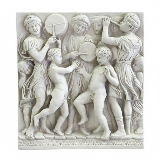 Classical Renaissance relief sculpture depicting dancing children and women with tambourines in ornate, old world European style.