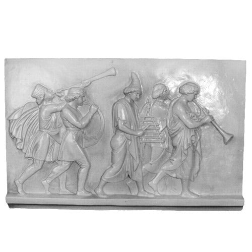 Classical Greek-style relief depicting five musicians in ornate ancient attire playing instruments in a ceremonial procession.
