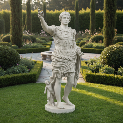 Classical Roman statue of a male figure in ornate armor, draped robe, and raised arm, featuring detailed Renaissance-style carvings. Side Angle