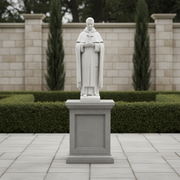 Saint statue in classical old world European style, featuring ornate robes and a rosary, standing in a reverent pose. Side Angle