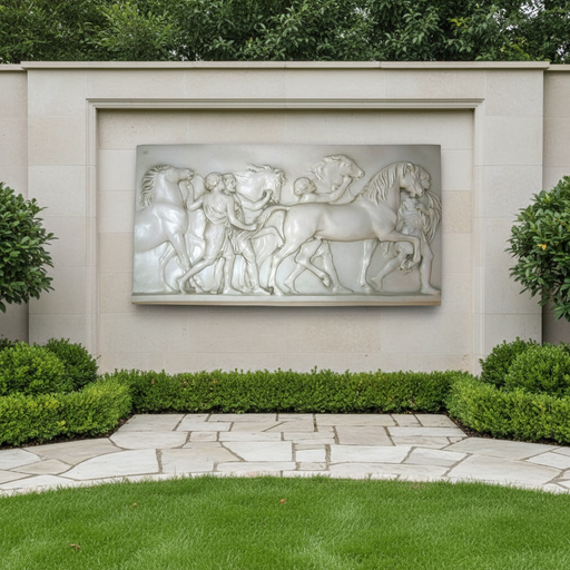 Classical Greek relief sculpture depicting figures leading horses in an ornate, old world European style with Renaissance influences. Side Angle