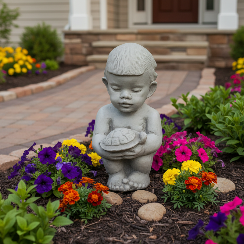 Cherub-like classical statue of a child holding a turtle, featuring soft facial features and subtle old world European detailing. Side Angle