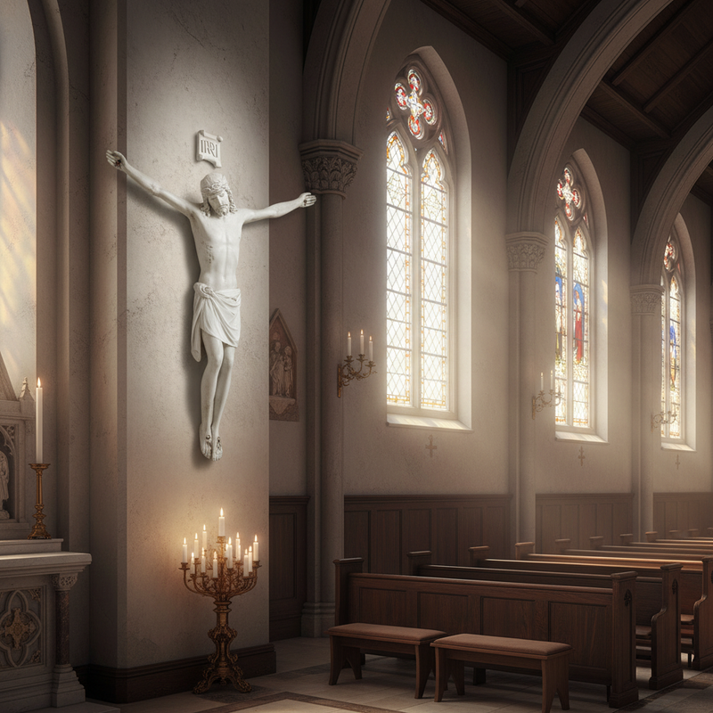 Crucifix with classical Renaissance style, featuring an ornate depiction of Christ with outstretched arms and detailed drapery. Side Angle