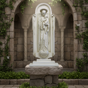 Madonna and Child statue in an ornate Gothic niche with arched top and intricate old world European detailing. Side Angle