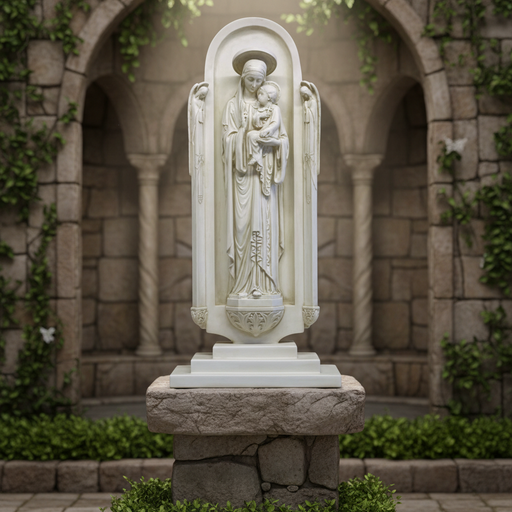 Madonna and Child statue in an ornate Gothic niche with arched top and intricate old world European detailing. Side Angle