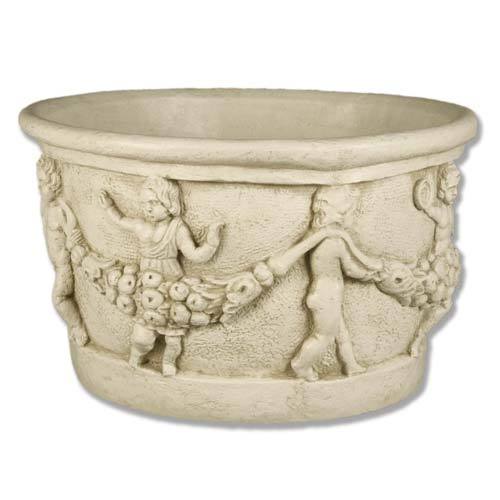 Oval planter with classical relief of cherubs and garlands, featuring ornate old world European and Renaissance-inspired detailing.