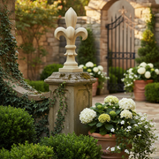 Fleur-de-lis finial with ornate, old world European design and classical, medieval-inspired detailing on a square base. Side Angle