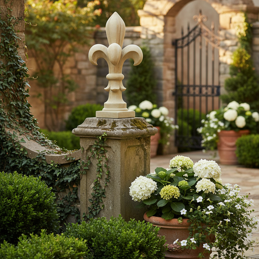 Fleur-de-lis finial with ornate, old world European design and classical, medieval-inspired detailing on a square base. Side Angle