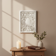 Ornate rectangular wall plaque with classical Baroque detailing, featuring intricate scrollwork and symmetrical floral motifs. Different Angle